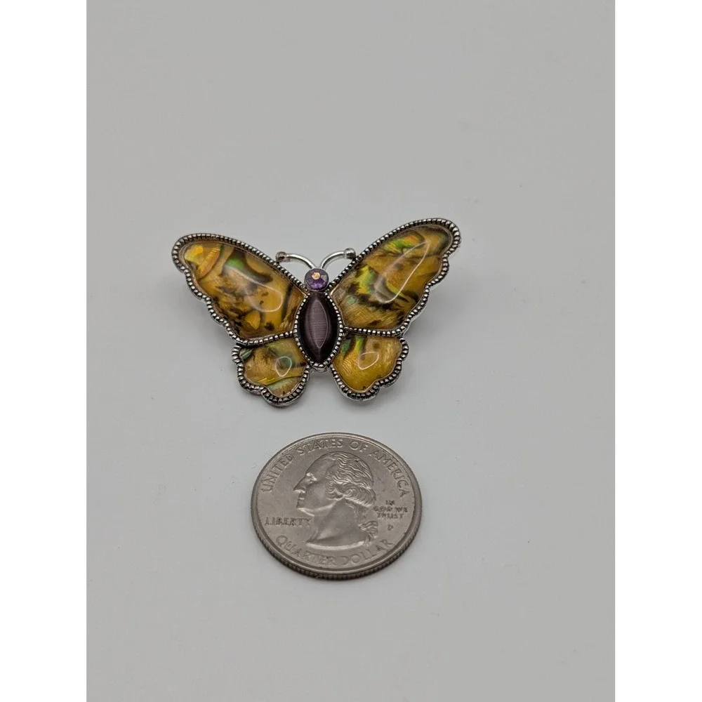 Butterfly Brooch Gold Tone Iridescent Enamel Purple Cabochon Rhinestone Accent